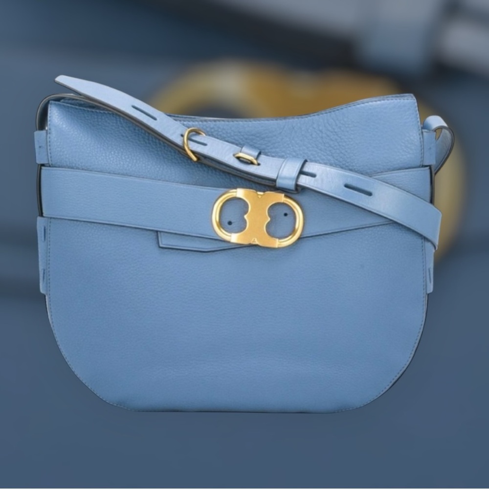 Tory Burch Light Blue Leather Saddle Shoulder Bag with Gold Hardware